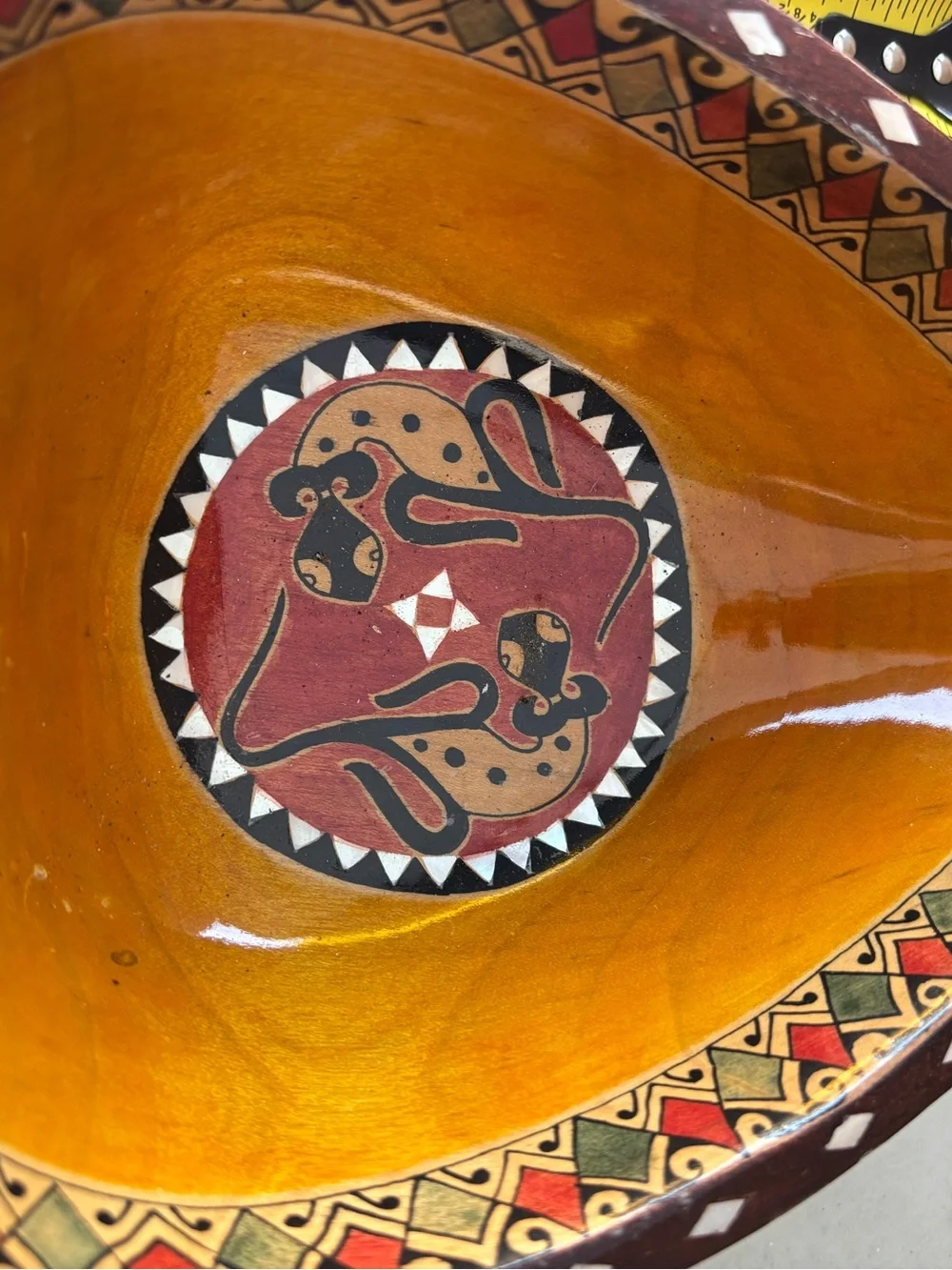 Hand Carved Wooden Bowl Mother of Pearl Inlay Animal Motif Tribal South Africa?